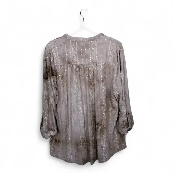 Cocomo V-neck Sequin Tan Tie-Dye Roll-Tab Sleeves Shirt - Size XL - Picture 4 of 6